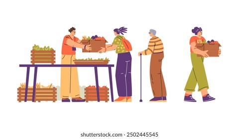 People foodsharing vector illustration set of diverse individuals distributing and receiving boxes of fresh vegetables at a table. Community members helping each other with food donations.