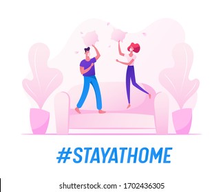 People Fooling, Having Fun during Quarantine Covid 19 Self Isolation at Home. Male and Female Characters Jumping on Sofa Fighting with Pillow, Couple Jump on Couch in Room. Cartoon Vector Illustration