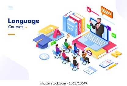 People at foreign language courses. English or french, german or spanish online class with teacher and notebook. E-learning or electronic learning international school with students. Tutorial or exam