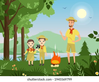 People forest camping hiking, young man, cute boy and girl scouts standing with camp fire