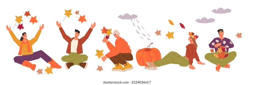 People in forest and park collecting mushrooms and pumpkins, enjoying autumn leaves, flat vector illustration isolated on white. Autumn banner or poster background.