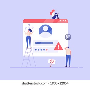 People forgot the password. Concept of forgotten password, key, account access, blocked access, protection, account security. Vector illustration in flat design for web page, landing, web banner