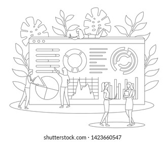 People form statistic data, make analytic analysis, website presentation. Using smartphone, tablet, notebook. Banner in line style. Contour symbol. Linear poster. Infographic on diagram outline vector