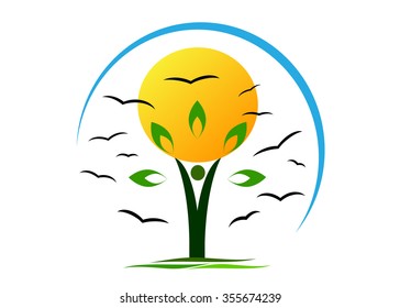 people in the form of a tree holding the sun, on the background of flocks of birds and sky