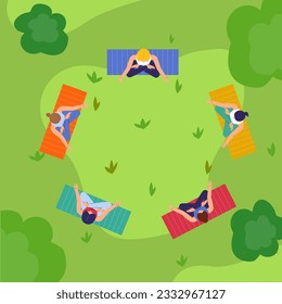 People formed in a circle doing yoga in a park, top view, vector illustration. Outside exercises 