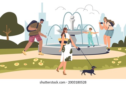 People at fountain in summer park walking have rest outdoors. Group of cartoon characters with kids and dogs enjoy fresh air in park over city skyline background. Flat vector illustration