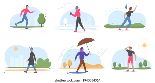 People and four seasons vector illustration set. Cartoon young man character walking in winter summer spring autumn, holding umbrella from rain, running in windy or sunny weather isolated on white