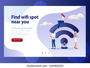 People in free internet zone, big wifi sign. Free wifi hotspot, wifi bar, public assess zone, portable device concept. Vector illustration. Can use for landing page template, web, mobile app, poster