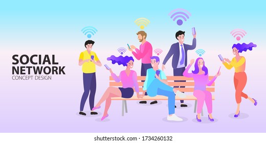 People in free internet zone using mobile gadgets. group of people with different poses. Vector illustration in flat style.