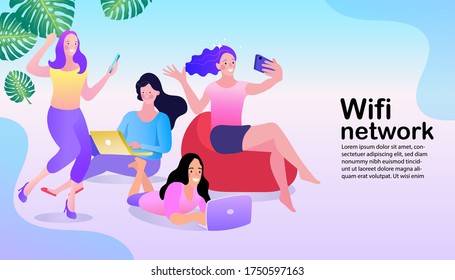 Personas en zona de internet libre usando dispositivos móviles. grupo de personas con poses diferentes. Ilustración vectorial en estilo plano.