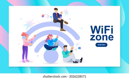 People in free internet zone using mobile gadgets. working on laptops sitting on a big wifi sign. Free wifi hotspot, wifi bar, public assess zone. Vector illustration in flat style