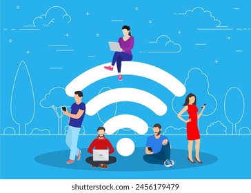 People in free internet zone using mobile gadgets, tablet pc and smartphone. big wifi sign. Free wifi hotspot, wifi bar, public assess zone, portable device concept. Vector illustration in flat style