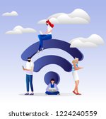 	
People in free internet zone working on laptops sitting on a big wifi sign. Free wifi hotspot, wifi bar, public assess zone, portable device concept. Vector illustration, template. Character design