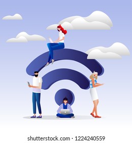 	
People in free internet zone working on laptops sitting on a big wifi sign. Free wifi hotspot, wifi bar, public assess zone, portable device concept. Vector illustration, template. Character design