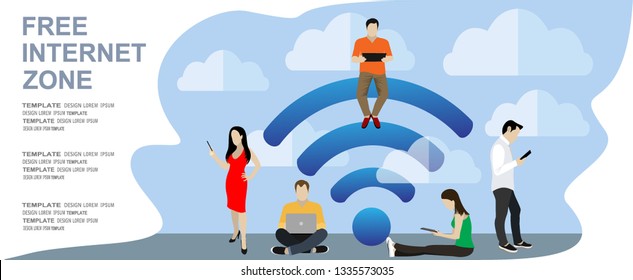 People in free internet zone working on laptops sitting on a big wifi sign. Free wifi hotspot, wifi bar, public assess zone, portable device concept. Vector illustration, template. Character design 