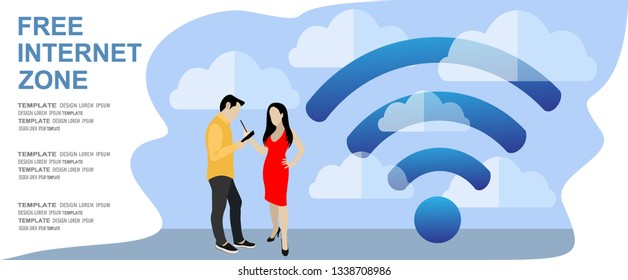 People in free internet zone working on laptops sitting on a big wifi sign. Free wifi hotspot, wifi bar, public assess zone, portable device concept. Vector illustration, template. Character design 