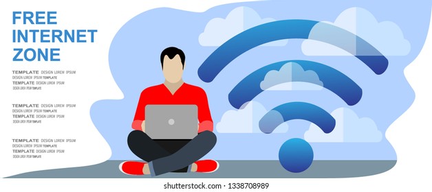 People in free internet zone working on laptops sitting on a big wifi sign. Free wifi hotspot, wifi bar, public assess zone, portable device concept. Vector illustration, template. Character design 