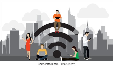 People in free internet zone working on laptops sitting on a big wifi sign. Free wifi hotspot, wifi bar, public assess zone, portable device concept. Vector illustration, template. Character design