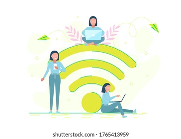 People in free internet zone working on laptops sitting on a big wifi sign. Free wifi hotspot, wifi bar, portable device concept. Vector illustration. Character design.