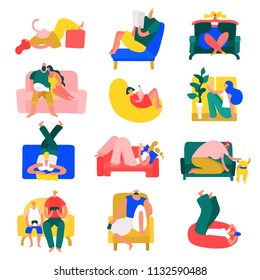 People free time rest home poses colorful icons collection with relaxing in yoga position isolated vector illustration 