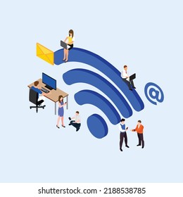 People with Free wi-fi connection isometric 3d vector illustration concept for banner, website, illustration, landing page, flyer, etc.