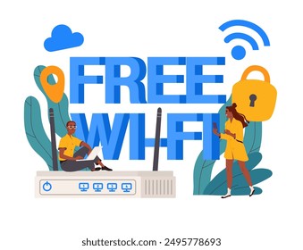 People with free wifi. Man and woman near huge router. Wireless connection and Internet connection. Young guy and girl near hotspot. Flat vector illustration isolated on white background