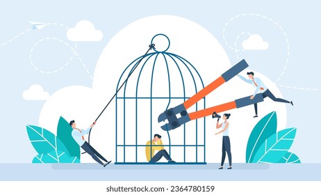 People freedom concept. A man is sitting on the floor in birdcage. People frees a person from prison. Help in overcoming problems, loneliness, mental disorders. Man exit from cage. Vector illustration