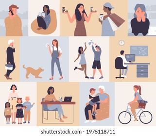 People at freelance work study or rest vector illustration set. Cartoon happy man communicating by phone, businessman walking, scientist working, woman reading cycling and playing with dog background