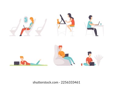 People Freelancer Characters Remote Working with Laptop Vector Set