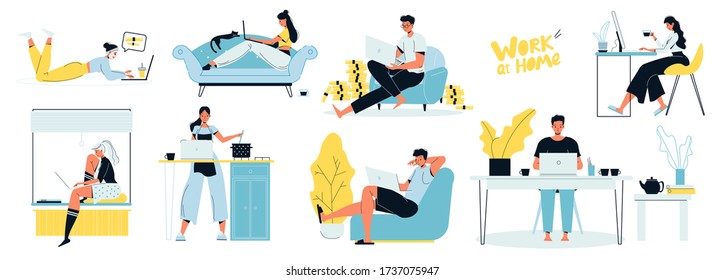 People freelancer working on laptop at home scenes set. Man woman programmer, software developer, designer sitting on sofa, armchair, cooking, at table indoor work. Remote business, comfort workplace