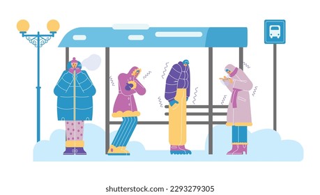 People freeze at bus stop in winter, flat cartoon vector illustration isolated on white background. City people suffer from winter cold and freeze in frosty day.