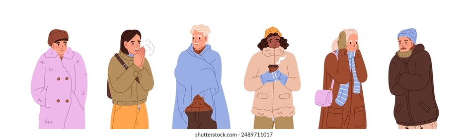 People freeze with cold weather set. Frozen men and women in outerwear, warm outfit, winter clothes shiver, shake with frost, low temperature. Flat isolated vector illustrations on white background