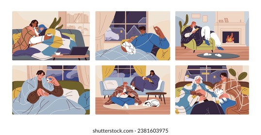 People freeze at house set. Couple hugs under blanket. Sick man lying in bed. Woman with book sitting near fireplace. Friends warm by tea. Stay home in winter, cold season. Flat vector illustration