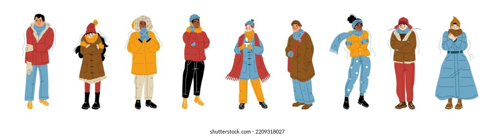 People freeze and shiver at cold weather. Isolated characters wear warm clothes trembling and suffering of low minus degrees temperature at wintertime season, Cartoon linear flat vector illustration