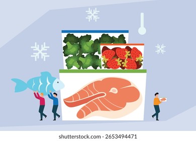 Pessoas Congelando Alimentos para Armazenamento e Preservação Ilustrações de vetor planas 2d