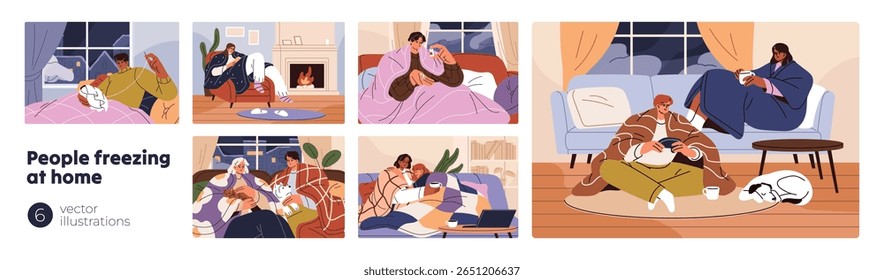 People freezing at home set. Frozen men and women warm up with tea under blanket indoor. Sick characters stay indoors for cold, frost, sit on sofa, relax near fireplace. Flat vector illustrations