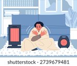 People freezing in room. Sad guy, shivering from cold, wrapped in blanket and trying to keep warm, electric heaters devices, indoor winter scene, classy vector cartoon flat style isolated concept