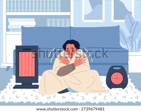 People freezing in room. Sad guy, shivering from cold, wrapped in blanket and trying to keep warm, electric heaters devices, indoor winter scene, classy vector cartoon flat style isolated concept