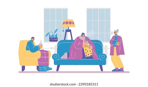 People freezing and shivering from cold at home, flat vector illustration isolated on white background. Cold temperature inside, broken central heating. Characters in blankets drinking hot drinks.