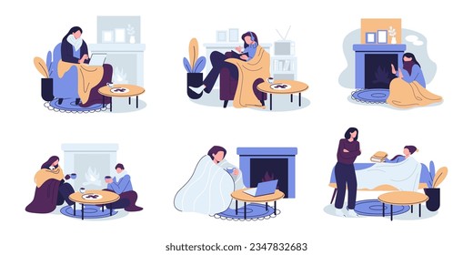 People freezing, shivering from cold at home set flat vector illustration design