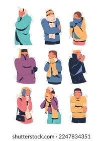 People freezing and shivering wearing warm clothes set. Men and women trying to warm during winter or autumn season cartoon vector illustration