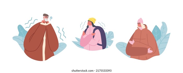 People Freezing at Winter Season, Old Man, Little Girl and Woman Freeze at Cold Weather. Characters Wear Warm Winter Clothes Suffering of Low Minus Degrees Temperature. Cartoon Vector Illustration