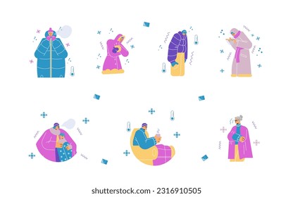 People freezing, wrapping in warm clothes and hugging themselves with their arms, flat vector illustration isolated on white background. People suffering from cold.