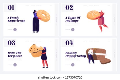 People and Fresh Bakery Website Landing Page Set. Happy Male and Female Characters Holding Baking Production for Eating or Tea Party Fest Celebration Web Page Banner. Cartoon Flat Vector Illustration