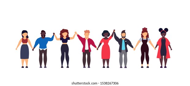 People friend unity hand vector character friendship person woman and man. Group together happy cartoon different girl and boy on row line with casual clothes. Social team crowd human community join