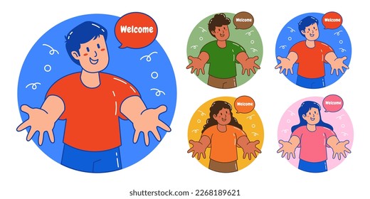 people with friendly gestures welcome someone