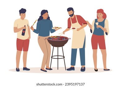 People friends at bbq party outdoors. People make and eat grill food outside. Vector flat illustration