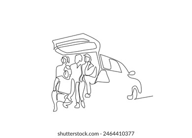 people friends car travel summer vacation together happy pose life one line art design vector