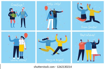 People, friends celebrating New Year party vector cards. Cool vector flat character design on New Year or Birthday party with male and female characters having fun, jumping and having a toast 