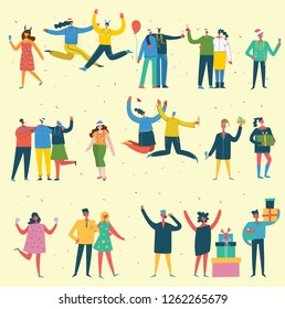 People, friends celebrating New Year party vector illustration. Cool vector flat character design on New Year or Birthday party with male and female characters having fun, jumping and having a toast